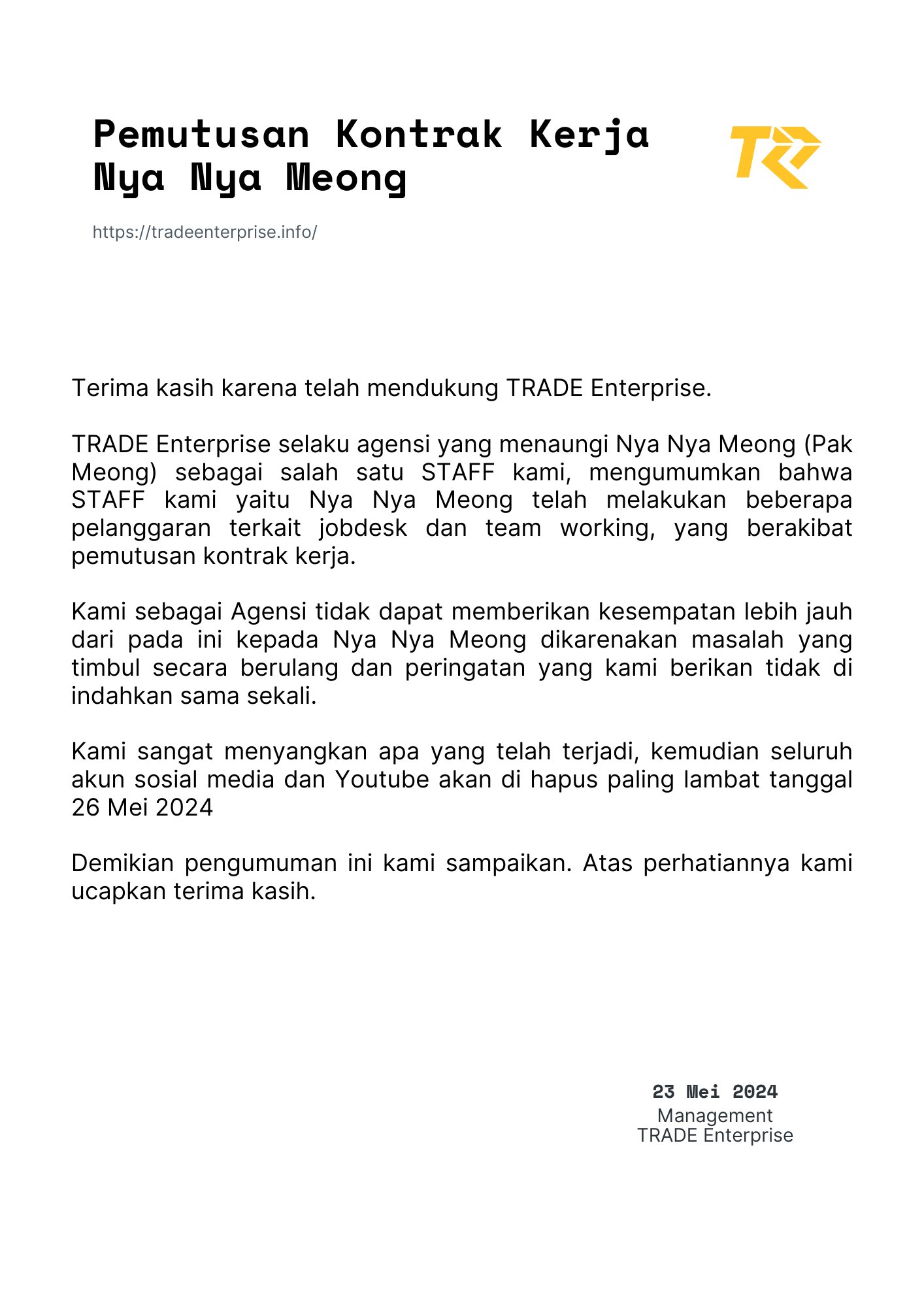 Nya Nya Meong's announcement