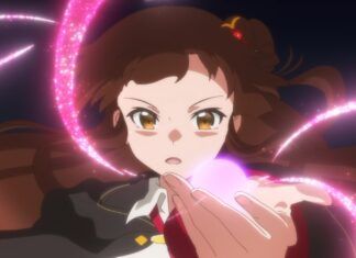 Spring 2025 Anime: Once Upon a Witch’s Death Screenshot from the reviewed anime episode showing the main character Meg reciting a spell upon a darkened background. Her left hand is stretched in front of her towards the camera with the palm opened facing up and swirls of pink energy gathered on top of the palm.