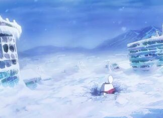 Spring 2026 Anime: Snowball Earth Screenshot from Snowball Earth anime episode 1 showing Tetsuo emerging from his escape pod into a now desolate frozen Earth.