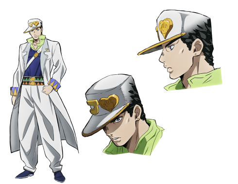 Jotaro Kujo (disuarakan oleh Daisuke Ono), karakter utama dari JoJo part 3: Stardust Crusaders. Kini ia menjadi seorang peneliti maritim yang mencari siapa sosok anak haram dari kakeknya, Joseph Joestar.