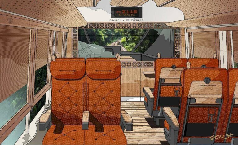 Ilustrasi Interior dari kereta depan Fujisan View Express | Ilustrasi: Eiji Mitooka