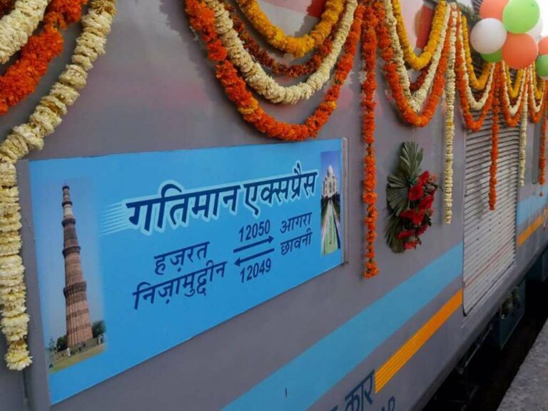 Papan nama Kereta Api Gatimaan Express dalam bahasa India | Sumber: railwaygazette.com