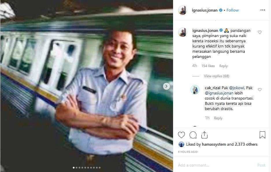 Ignasius Jonan memberi komentar mengenai kebiasaan direktur utama KAI saat ini yang lebih sering mempergunakan KA inspeksi. (IG @ignasius.jonan)