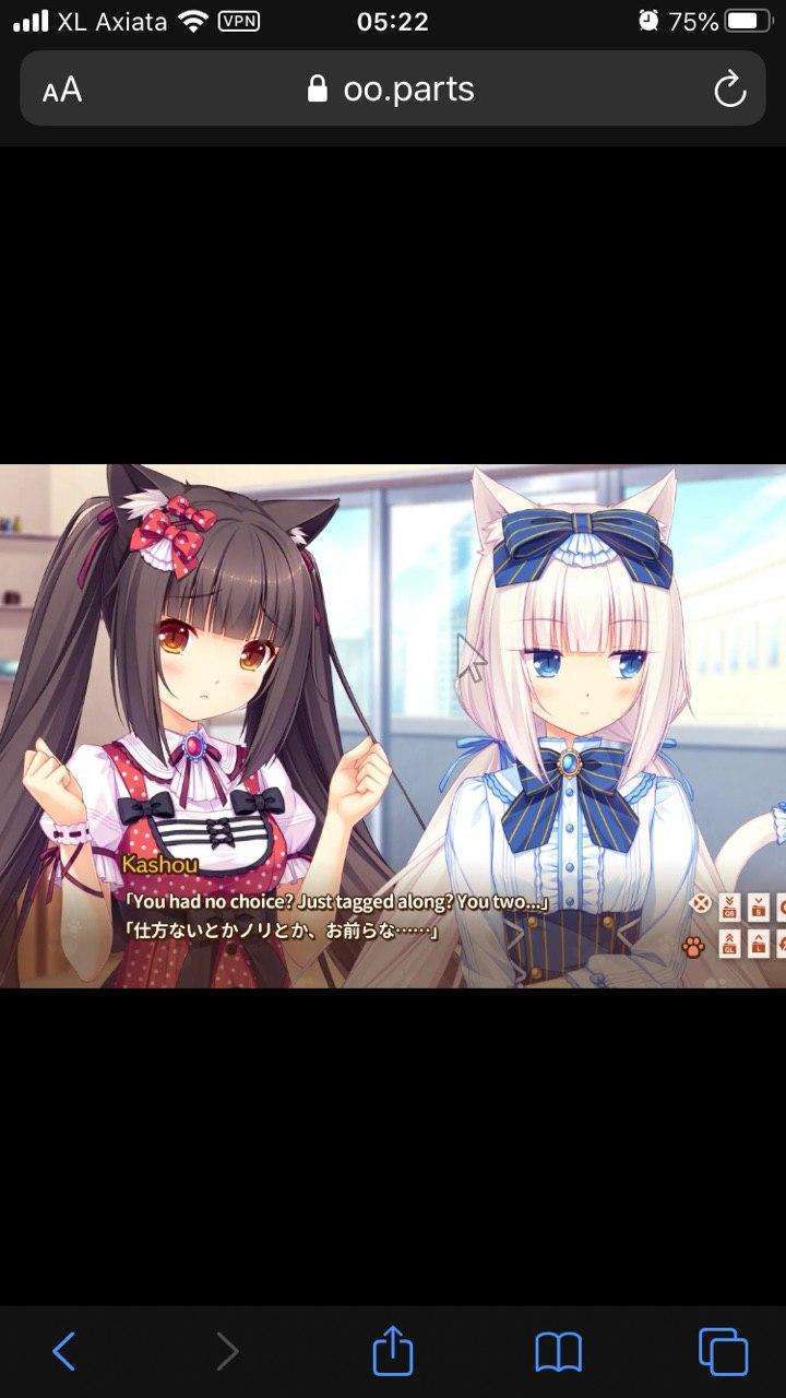 Tampilan OO.parts saat memainkan Nekopara di peramban Safari, ponsel Apple iPhone.