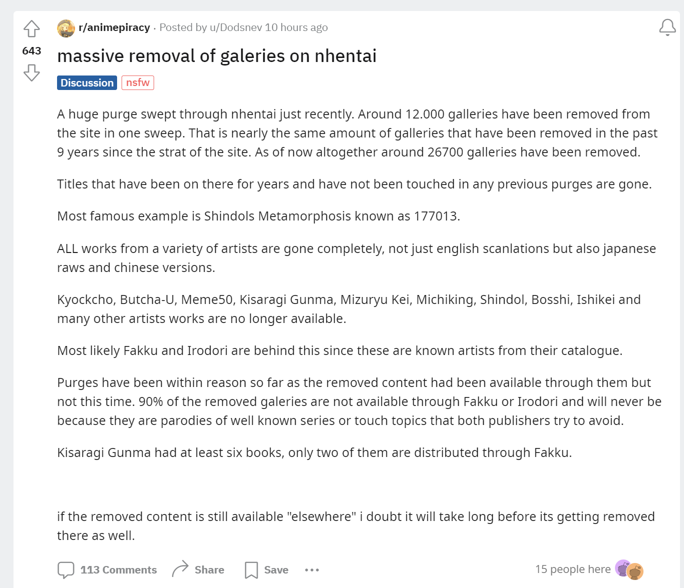 Kutipan layar Reddit tentang penghapusan manga 177013. 