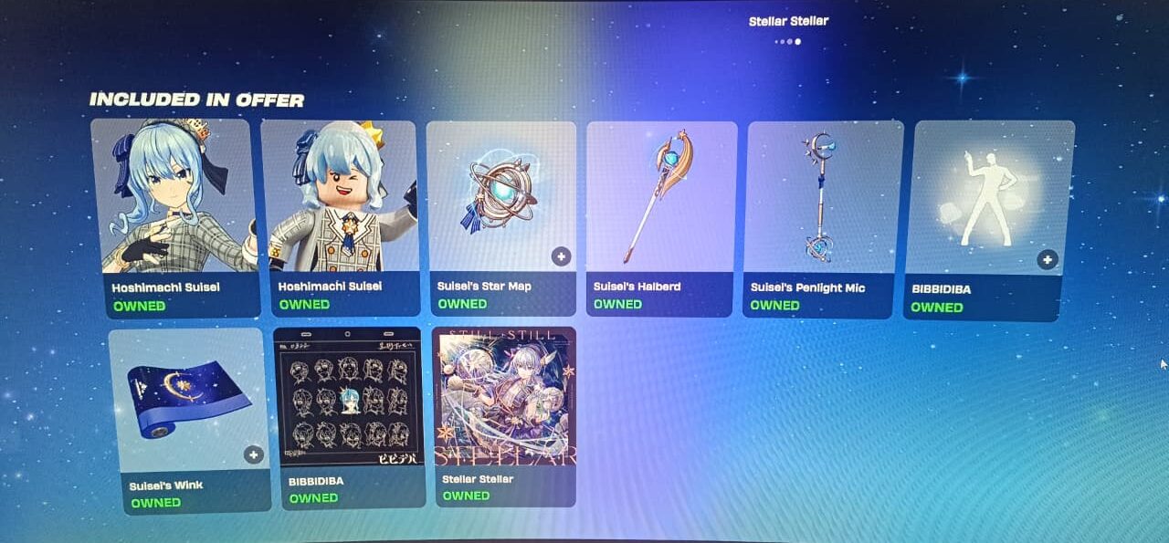 Ilustrasi penawaran in-game untuk bundle Hoshimachi Suisei dalam gim Fortnite