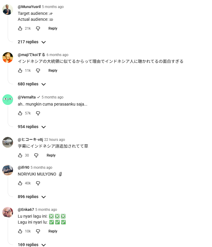 Komentar warganet dalam bahasa Jepang dan bahasa Indonesia yang memuncaki lagu ini di YouTube.